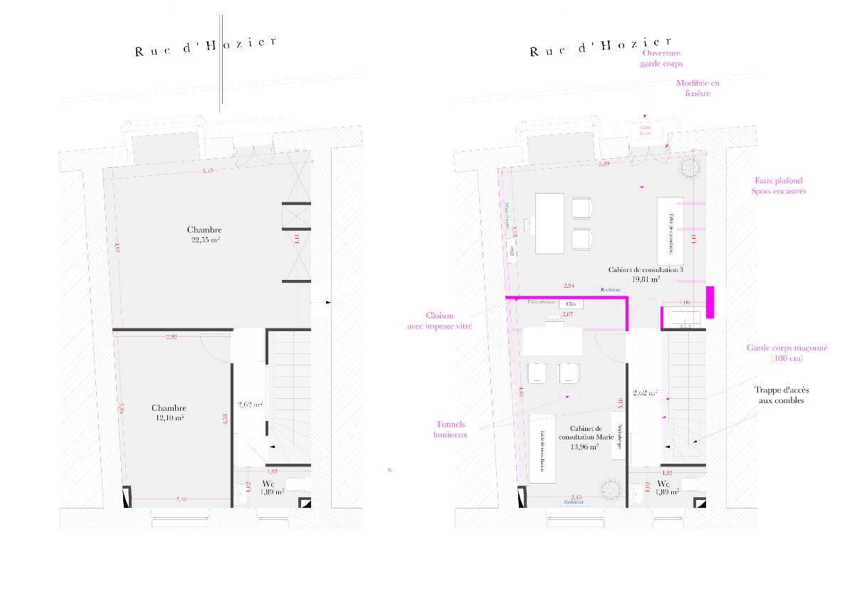 Aménagement d'un centre médical dans une maison de ville à Salon de Provence - Plans R+2 avant / après Aménagement d'un centre médical dans une maison de ville à Salon de Provence